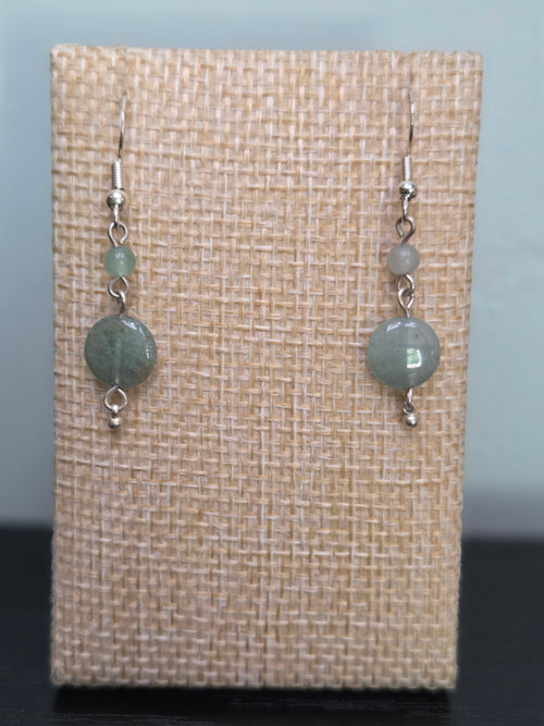 Close-up of genuine green aventurine bead earrings in silver-tone findings