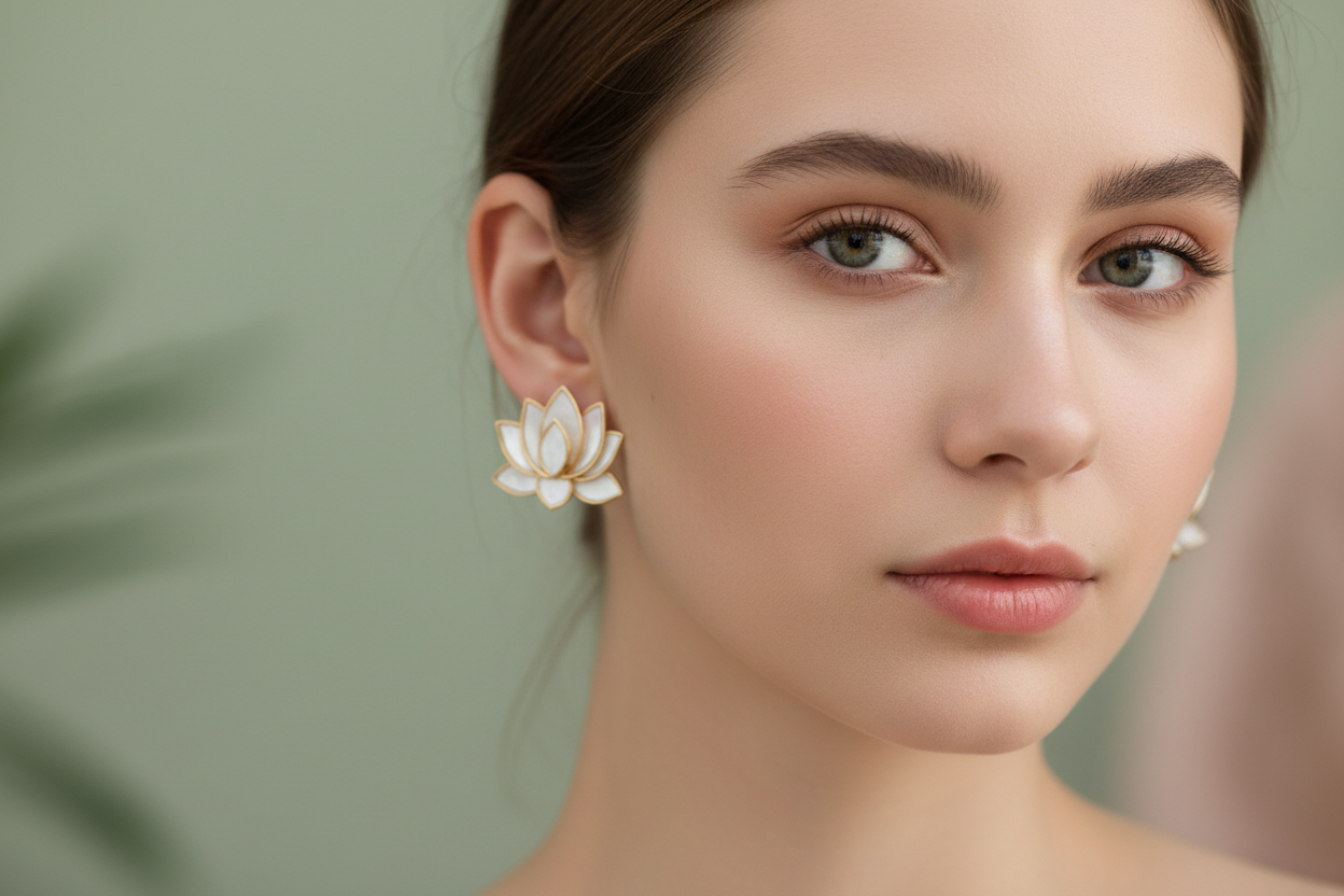 natural model wearing lotus earrings