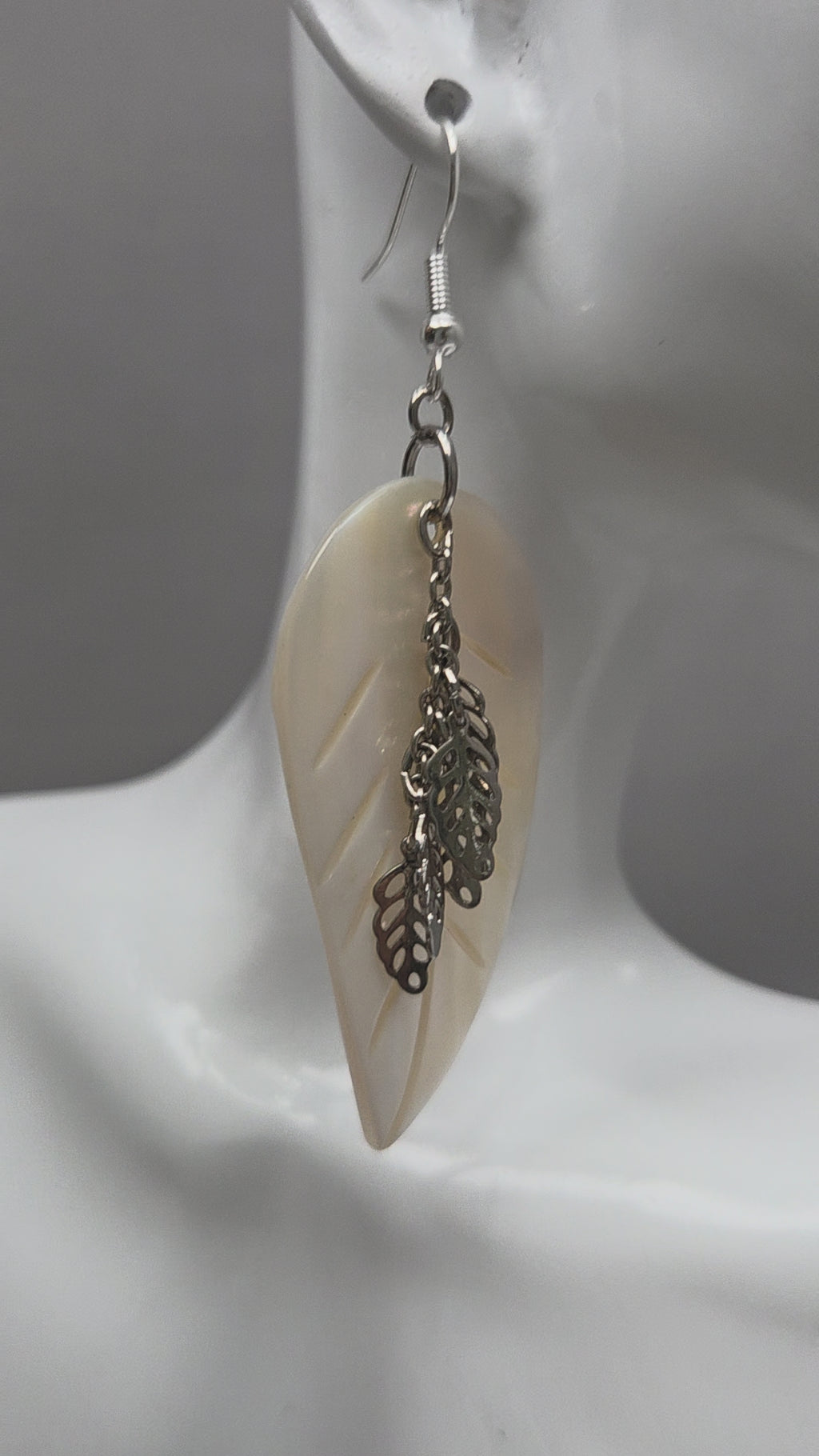 Mother of Pearl Leaf Earrings with Cascading Silver Leaf Charms