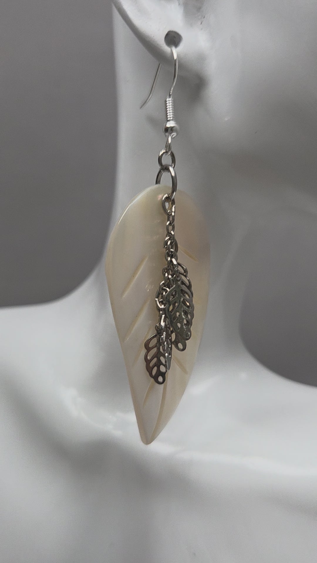 Mother of Pearl Leaf Earrings with Cascading Silver Leaf Charms