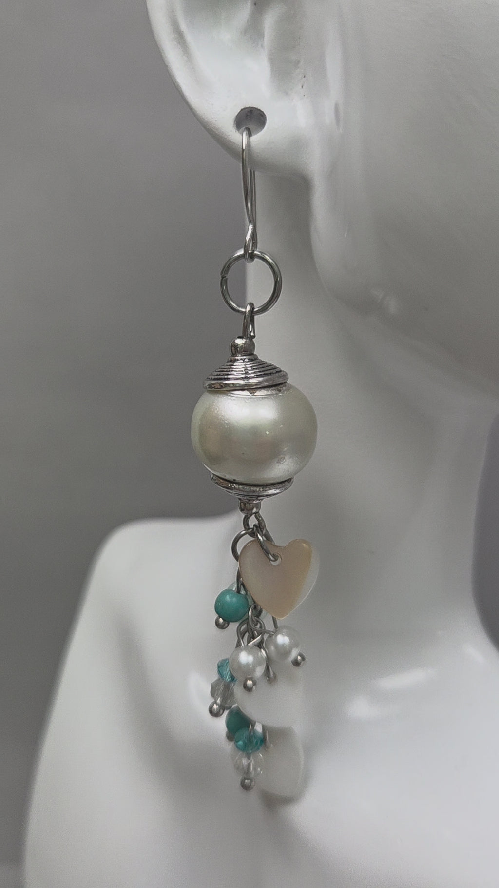 Pearl Glass Bead Shell Heart Cluster Earrings | Teal Howlite Statement Dangles