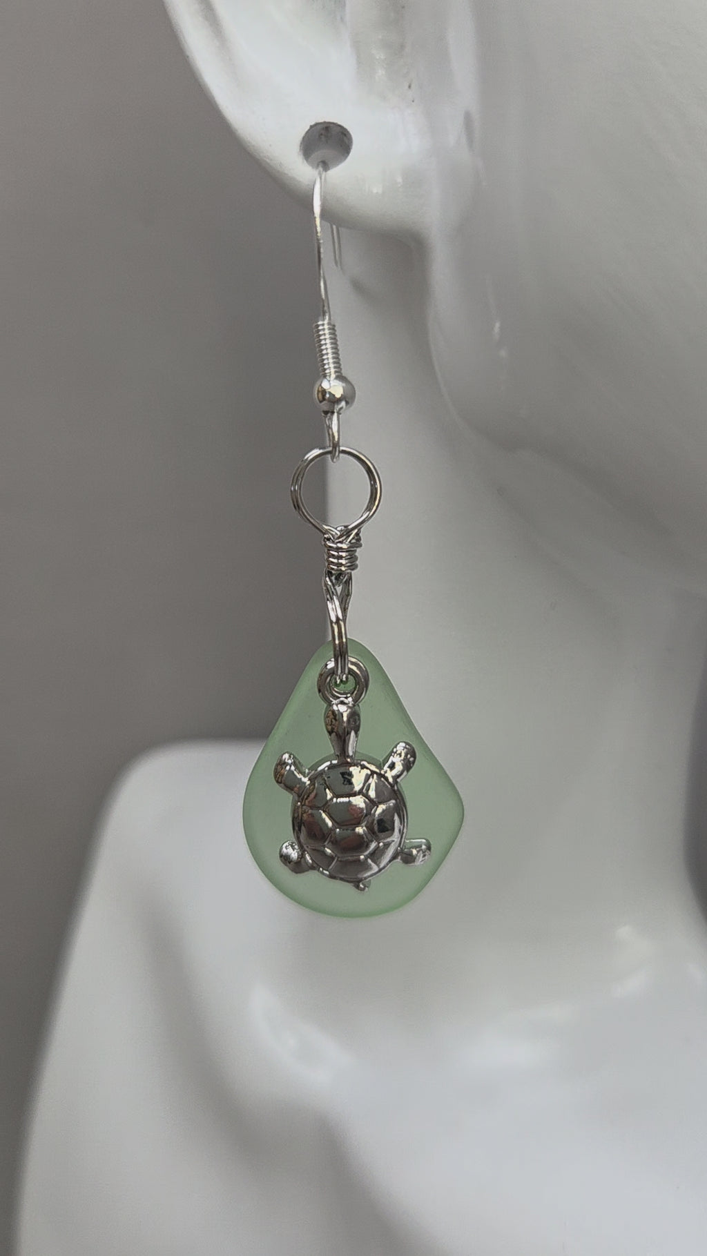 Frosted Glass Turtle Charm Earrings | Sage Green Sea-Inspired Dangle Earrings