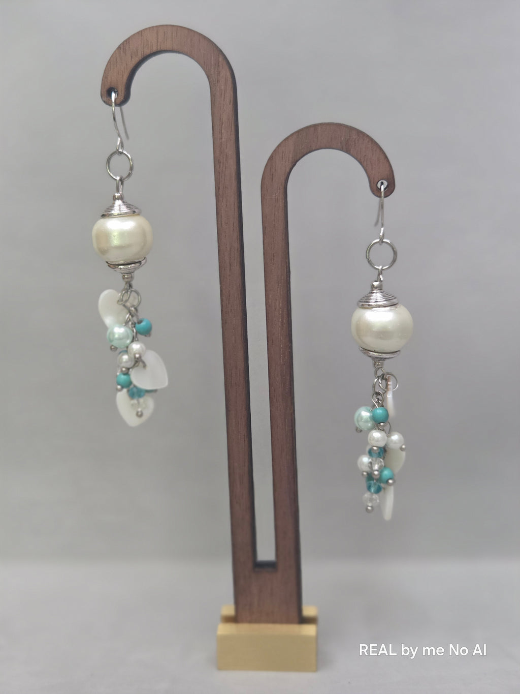 Pearl Glass Bead Shell Heart Cluster Earrings | Teal Howlite Statement Dangles