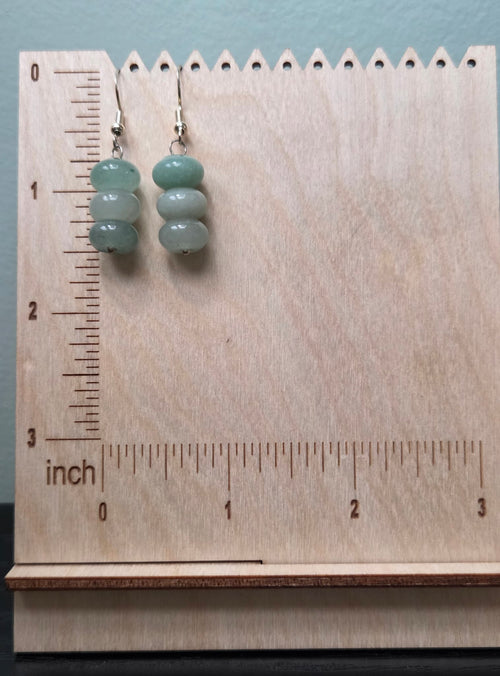 Aventurine stacked rondelle earrings displayed on a wooden earring stand with ruler showing approximately 1.75 inch length