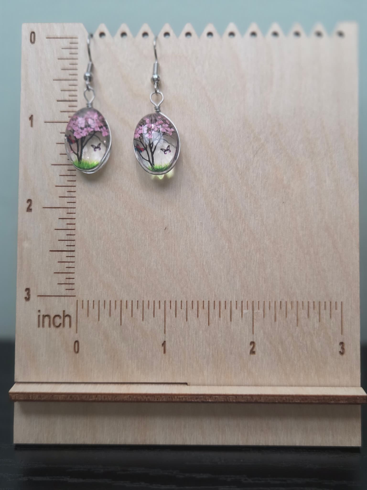Cherry Blossom Tree Glass Dome Earrings | Pink Blossom Butterfly Dangle Earrings