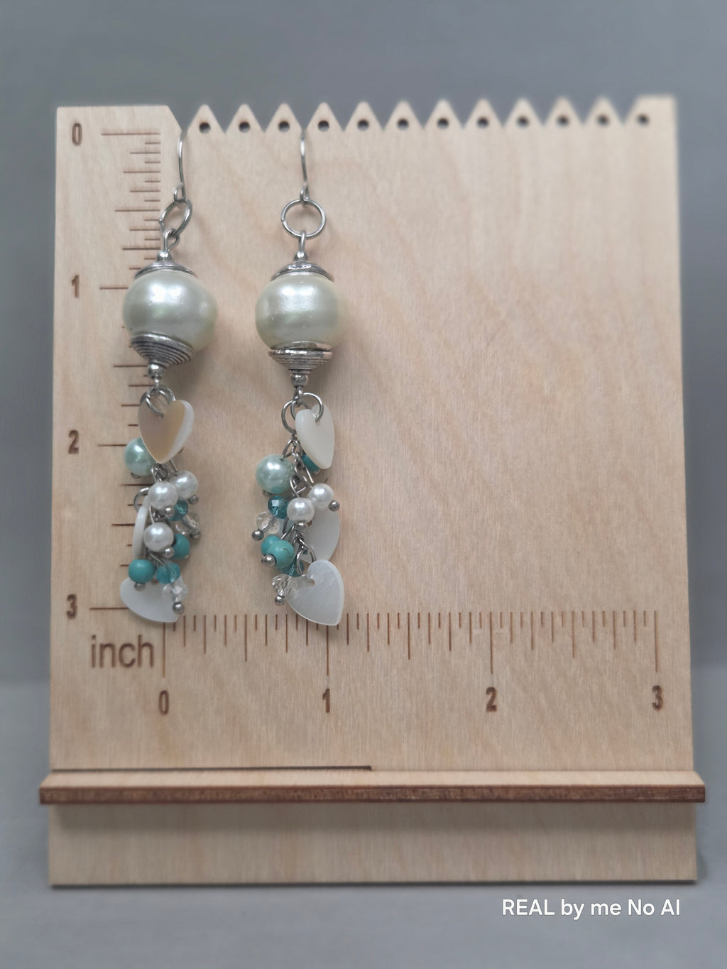 Pearl Glass Bead Shell Heart Cluster Earrings | Teal Howlite Statement Dangles