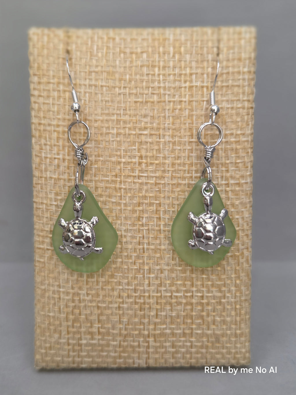Frosted Glass Turtle Charm Earrings | Sage Green Sea-Inspired Dangle Earrings
