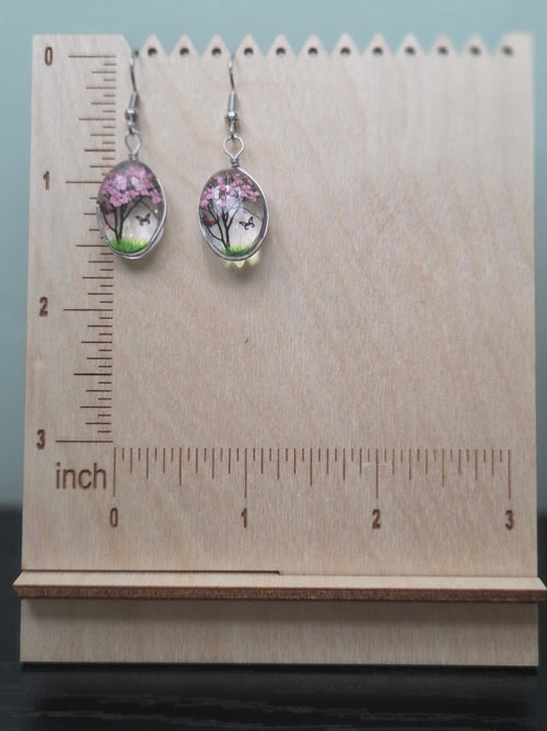 Cherry Blossom Tree Glass Dome Earrings | Pink Blossom Butterfly Dangle Earrings