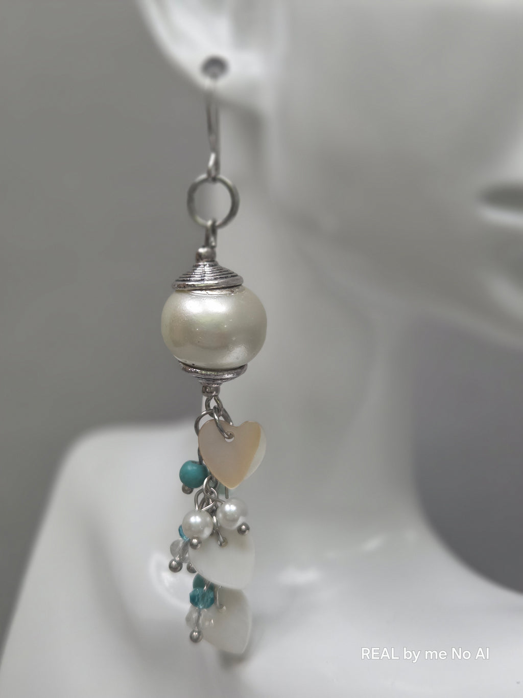 Pearl Glass Bead Shell Heart Cluster Earrings | Teal Howlite Statement Dangles