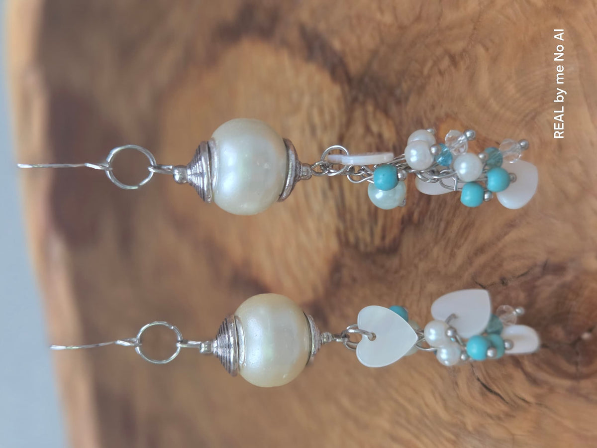 Pearl Glass Bead Shell Heart Cluster Earrings | Teal Howlite Statement Dangles
