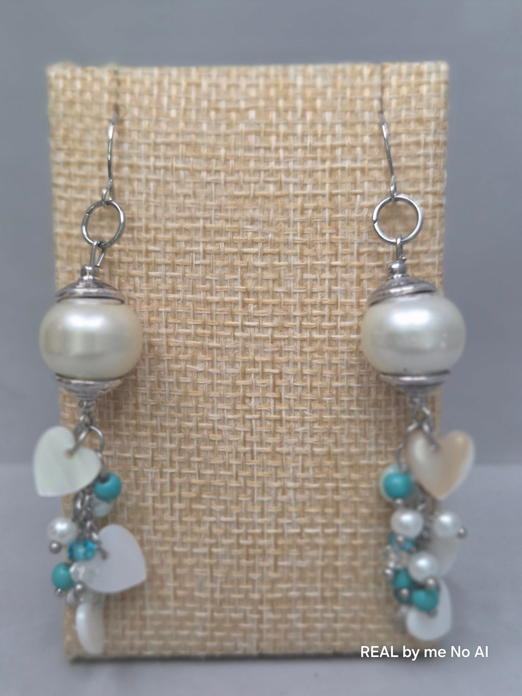 Pearl Glass Bead Shell Heart Cluster Earrings | Teal Howlite Statement Dangles