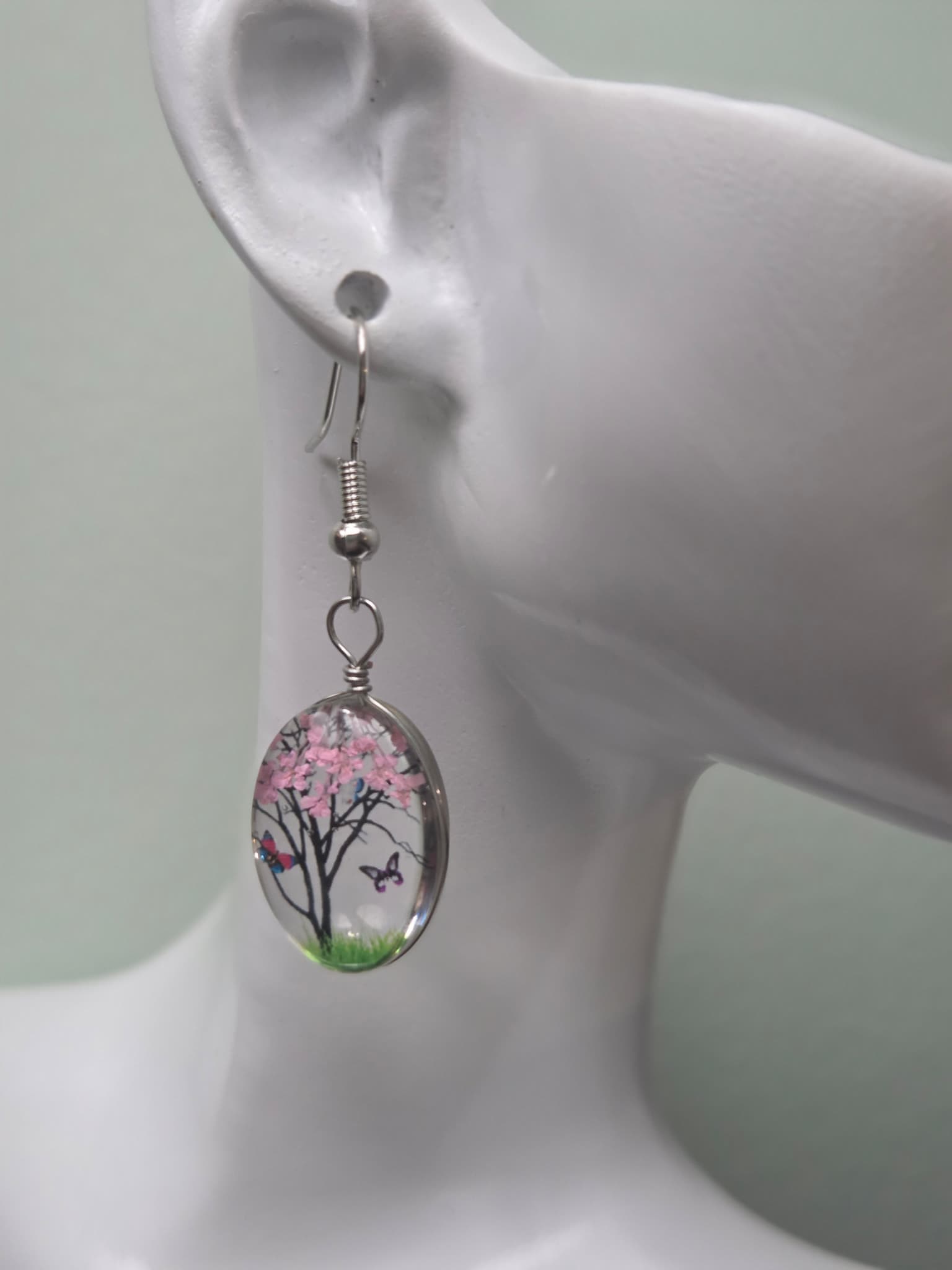 Cherry Blossom Tree Glass Dome Earrings | Pink Blossom Butterfly Dangle Earrings