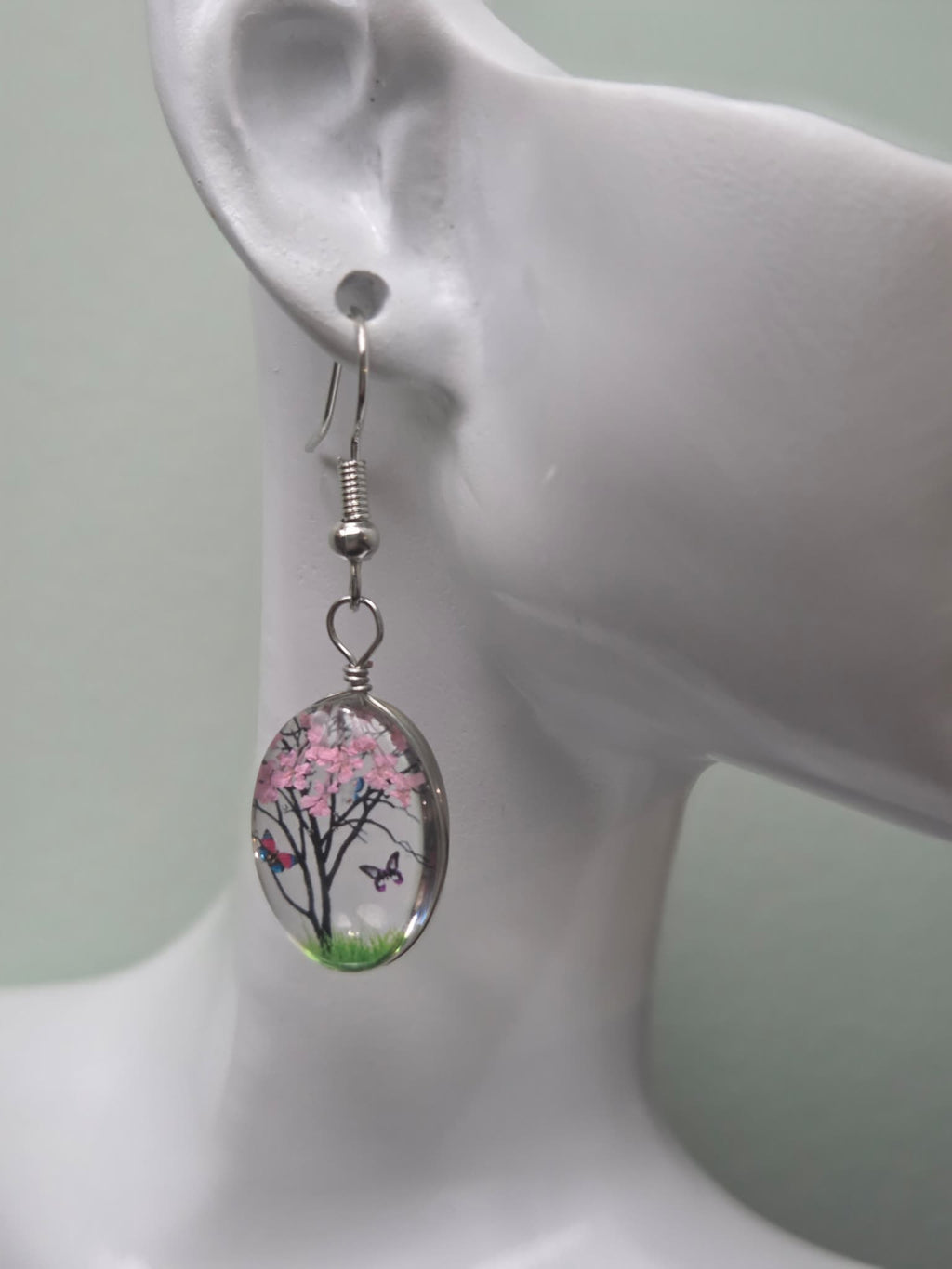 Cherry Blossom Tree Glass Dome Earrings | Pink Blossom Butterfly Dangle Earrings